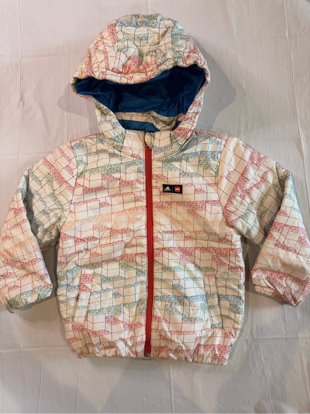 Adidas x LEGO Kids Puffer Jacket Brick Print Detachable Hood White Multicolored
